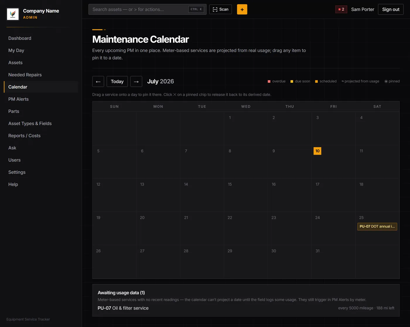 Maintenance calendar with PM schedules plotted on real dates