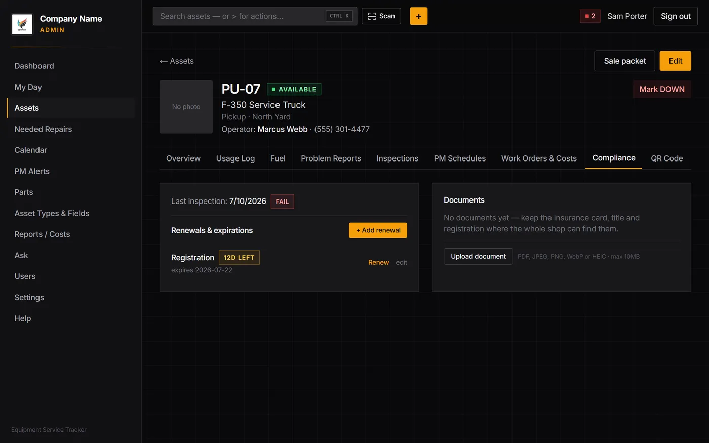 Compliance tab with DOT, registration and insurance renewal warnings
