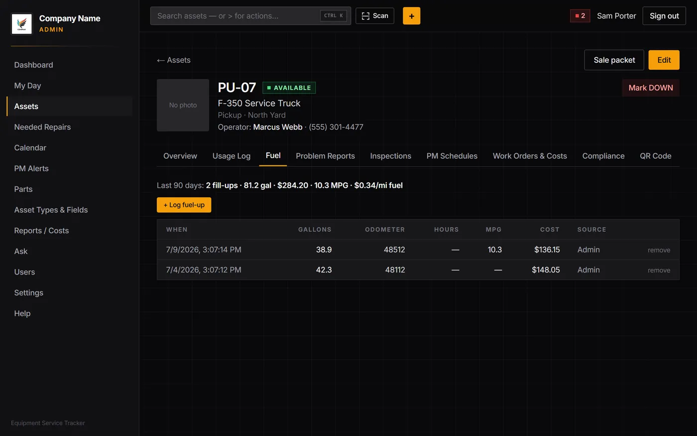 Parts catalog and fuel-up log with computed MPG