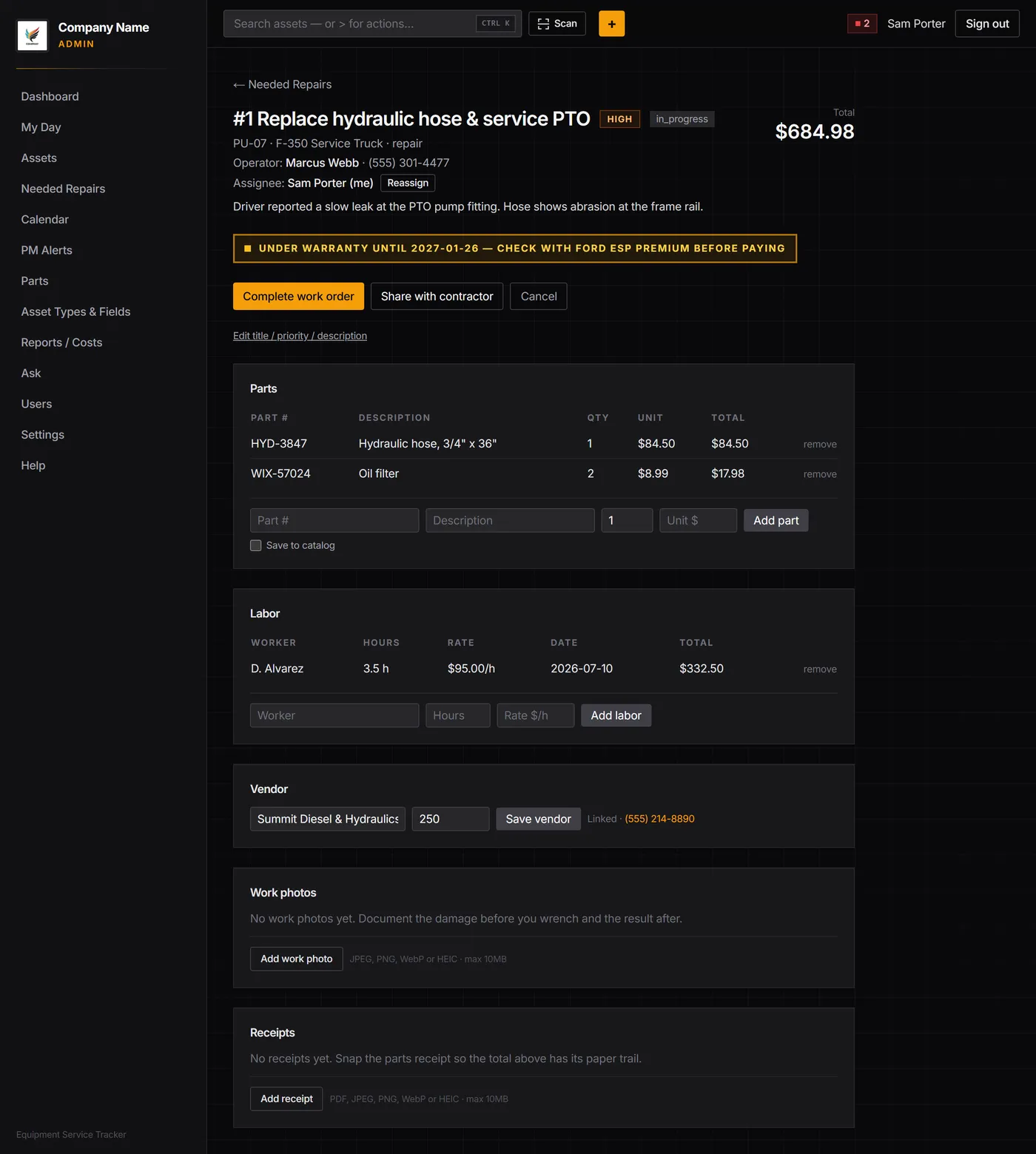 Work order detail with parts, labor and vendor line items